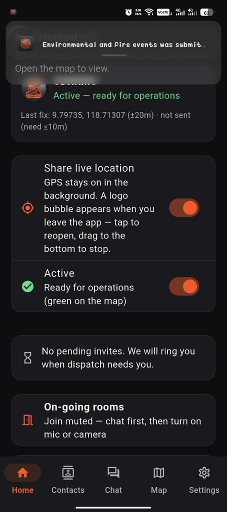 Home screen with live location and active-for-operations toggles
